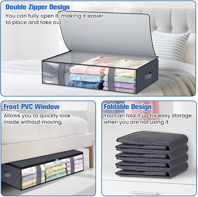 Under Bed Storage Containers, 2 Pack Blanket Storage Bags, Collapsible Storage Bags with Big Zippers, Clear Front, Shoe Storage and Organization for Clothes, Comforter, 60L, Grey
