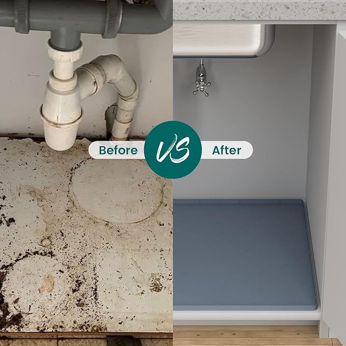 Under Sink Mat, 34" x 19" Silicone Kitchen Cabinet Tray, Waterproof & Flexible Under Sink Liner for Kitchen Bathroom and Laundry Room