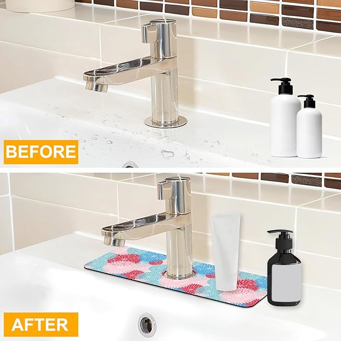 2 Pack Abstract Flowers Sink Splash Guard Faucet Mat Vintage Floral Super Absorbent Fast Drying Mat Sink Gadgets-Splash Guard Behind Faucet Drip Catcher for Kitchen Bathroom, 15.5"x5.5"
