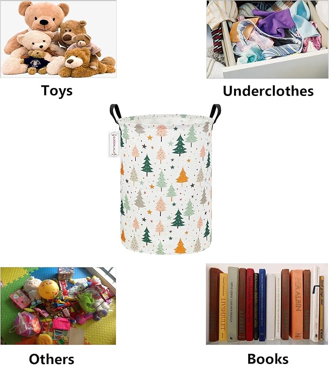 QUEENLALA Large Storage Basket,Laundry Hamper/Bathroom/Home Decor/Collapsible Round Storage Bin,Boys and Girls Hamper/Boxes/Clothing(Round-pine tree)