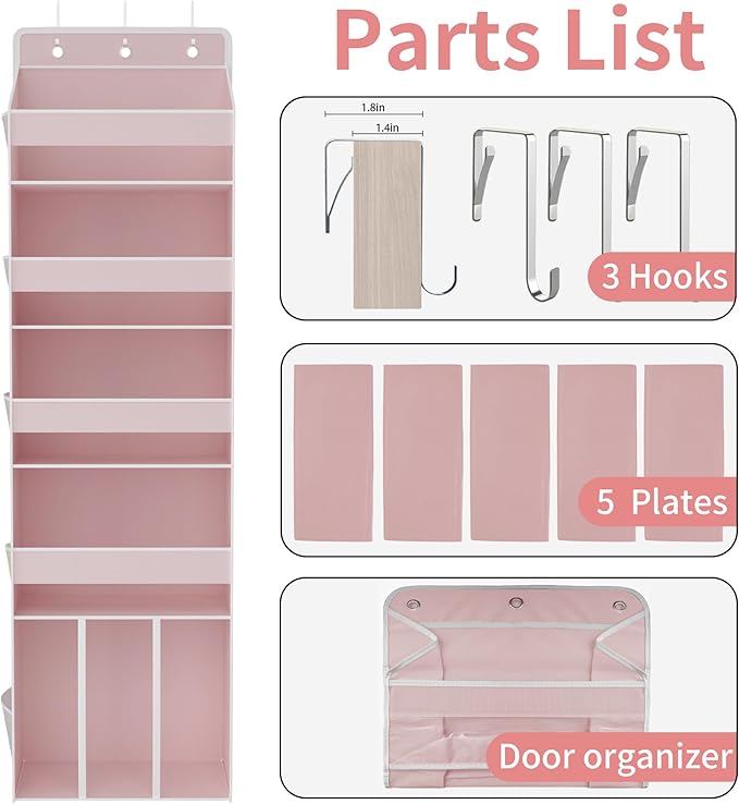 1 PC Pink Over the Door Organizer with 1 Large Capacity Caddy, 4 Shelf & 10 Mesh Side Pockets, Pink Stuff Hanging Storage and Girl Essentials Closet Organizer for Cute Room, Bedroom