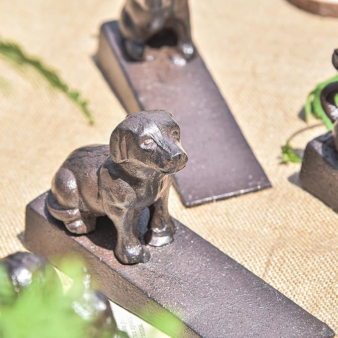 Sungmor Heavy Duty Cast Iron Dog Door Stops | Decorative Cute Animal Statue Metal Door Stopper Wedge with Non-Slip Mat | Solid & Antique Style Windproof Door Holder for Patio Yard Garden Farmhouse