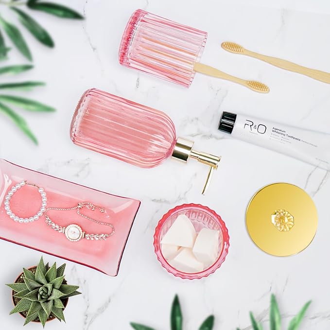 Pink Bathroom Accessories Set 4PCS Glass Bathroom Accessories Set with Soap Dispenser Toothbrush Holder Qtip Holder & Vanity Tray, Pink and Gold Bathroom Decor