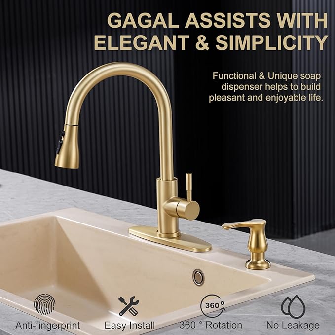 GAGALIFE Kitchen Sink Soap Dispenser Gold, Built in Soap Dispenser with 17 OZ Bottle, Refill from The Top, Liquid Dispenser for Kitchen Sink