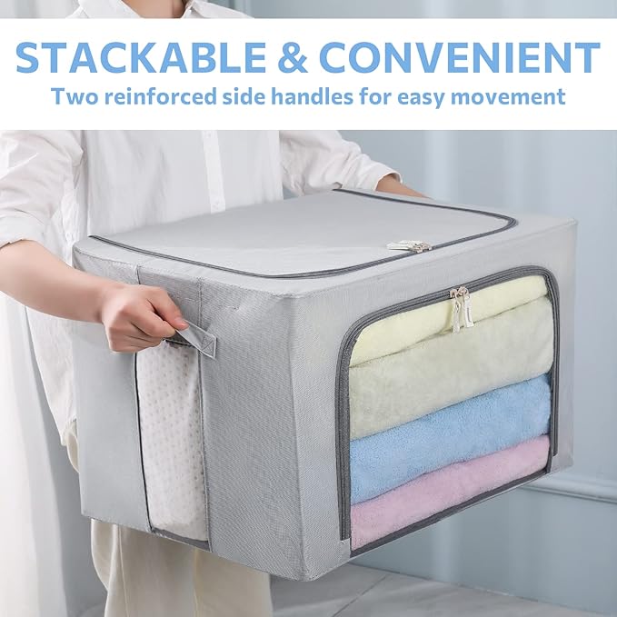 CYhom 3Pack Frame Storage Box - Clothes Storage Bin Bags Oxford Fabric Foldable Stackable Container Organizer Set with Clear Window & Carry Handles Large Capacity (Grey, Large-66L)