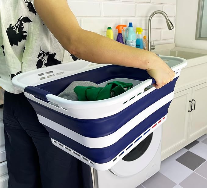 SAMMART Set of 2 Collapsible Plastic Storage Basket - Foldable Pop Up Storage Container - Portable Laundry Organizer - Space Saving Hamper (White/Starry Blue, 42L (Style A))
