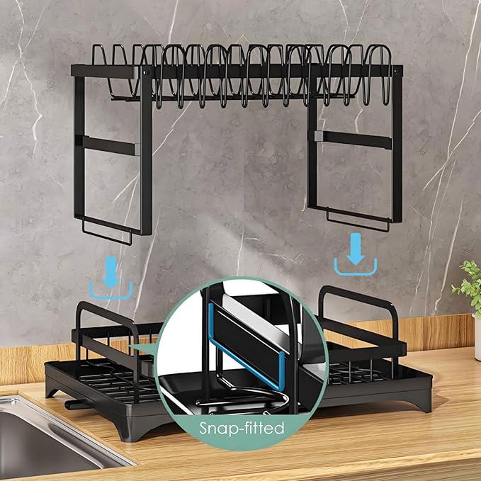 Dish Drying Rack for Kitchen Counter 2 Tier Iron Dish Drainer with Removable Cutlery Basket, Black