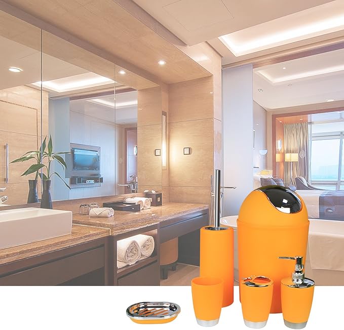 Bathroom Accessories Set, 6-Piece Plastic Gift Set, Toothbrush Holder, Toothbrush Cup, Soap Dispenser, Soap Dish, Toilet Brush Holder, Trash Can (Orang)