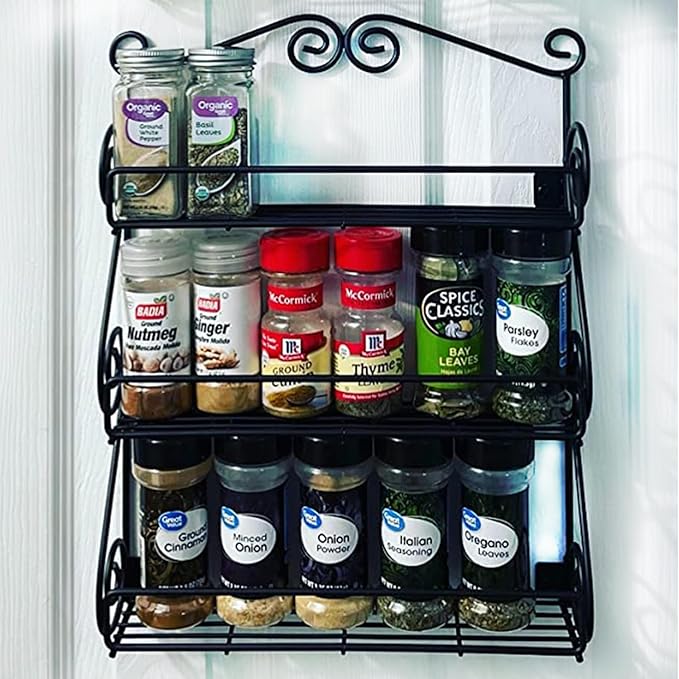 FitWell Scroll Wall Mount Spice Rack, 3-Tier, Traditional Spice Rack Cabinet & Kitchen, Beauty & Nail Polish Organizer for Bathroom, Scroll Wall-Mounted (Black)
