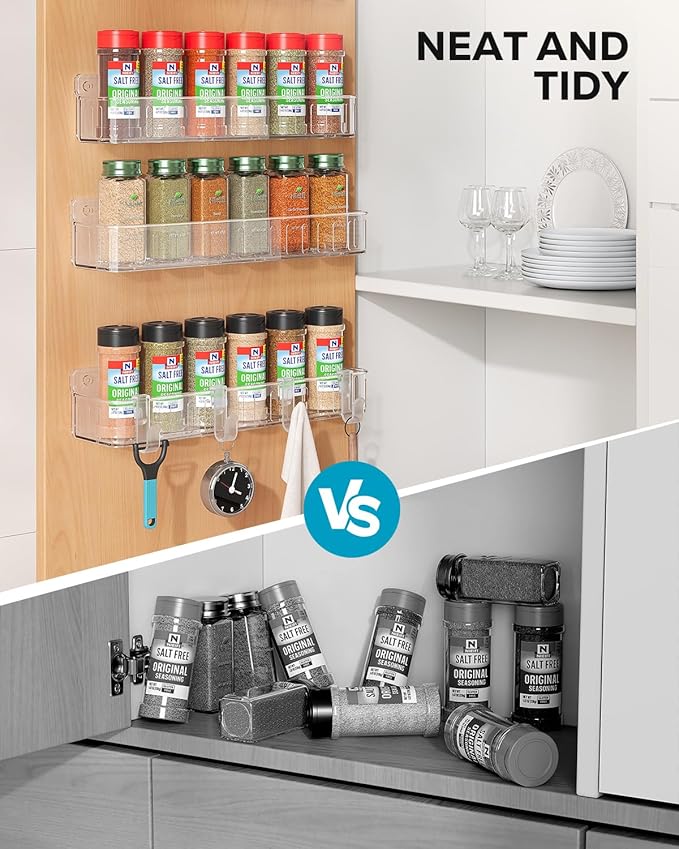Nieifi Spice Rack Wall Mount, 4 Pack, Clear, Screw or Adhesive Installation, Spice Rack Organizer for Your Kitchen Cabinet or Pantry Door