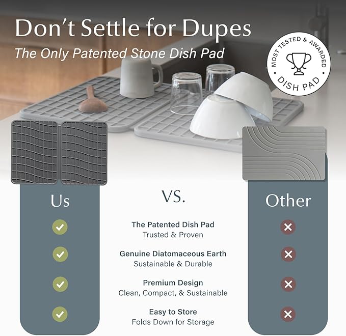Dorai Home Dish Pad - Diatomaceous Earth Stone Drying Mat for Kitchen Counter - Quick Drying -Stone Dish Drying Mat for Kitchen - (24.6" x 16.5")