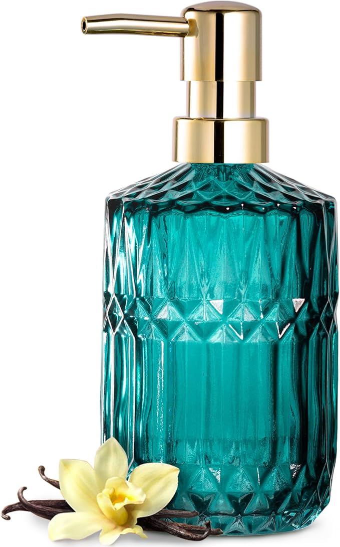EMPO Clear Glass Soap Dispenser with ABS Plastic Pump, Crystal Lotion Dispensers for Kitchen Sink, Bathroom (Ocean Teal)