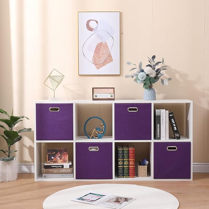 Collapsible Organization Basket Fabric Foldable Box with Handles, 11x11 Cube Storage Bins Set of 4, Thick and Heavy Duty Storage Baskets for Shelves Bedroom Livingroom,Purple