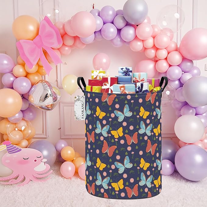 FANKANG Storage Basket, Nursery Hamper Canvas Laundry Basket Foldable with Waterproof PE Coating Large Storage Baskets for Kids Boys and Girls, Office, Bedroom, Clothes,Toys(Colorful Butterfly)