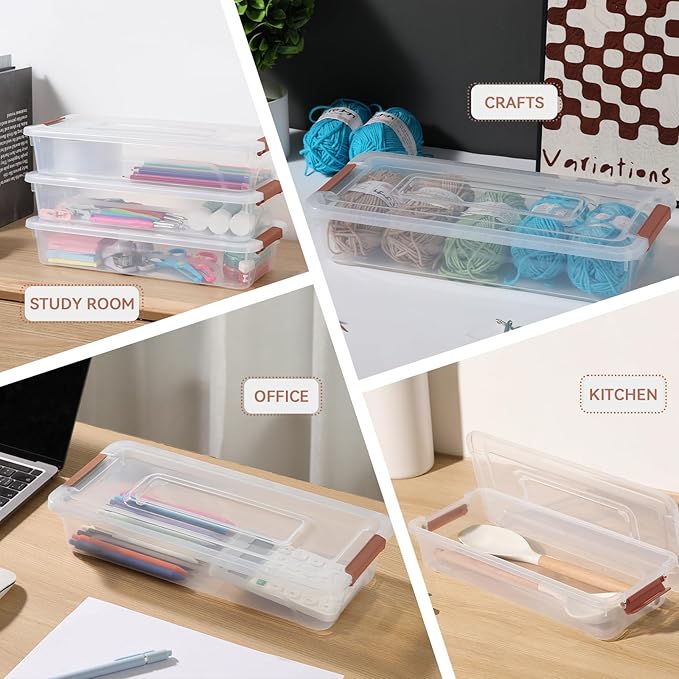novelinks Clear Stackable Storage Bins with lid Storage Boxes Durable Plastic Organizer Containers for Home Office, Kitchen, Craft Supplies (4 Quart 8 Pack Brown)