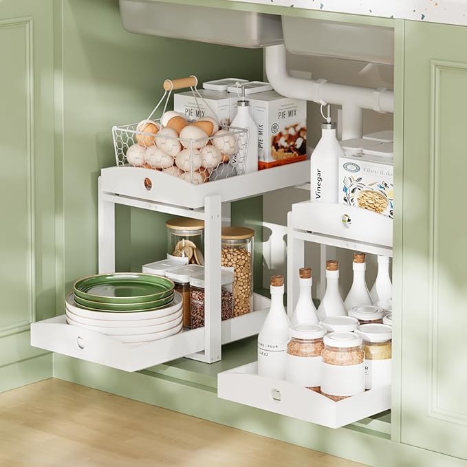 2 Pack Under Sink Organizer, Bamboo Wooden 2-Tier Pull-Out Storage with Sliding Drawers for Kitchen and Bathroom Cabinets, Easy Installation (White)