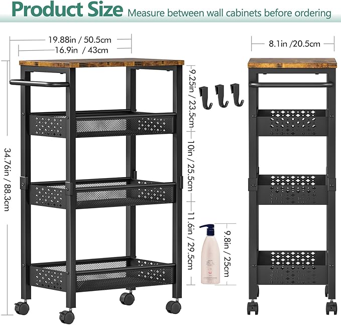 Utility Slim Storage Cart with Wheels, 4-Tier Narrow Rolling Organizer Shelf with Wood Top, Metal Storage Rack and Space-Saving Organizer for Bathroom, Kitchen, Laundry Room, Small Spaces