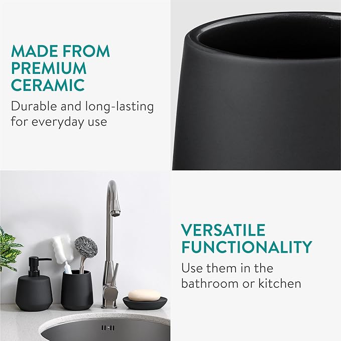 Navaris Ceramic Bathroom Sink Accessories Set - Complete 3pc Matte Black Accessory Set - Soap Dispenser, Toothbrush Holder and Tray - Sets for Bathrooms, Vanity, and Kitchen Sinks