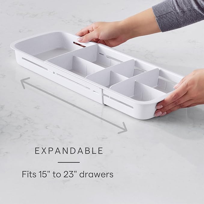 YouCopia DrawerFit Sliding Drawer Tray with Adjustable Dividers, Expandable Kitchen Storage Organizer, Speckled White