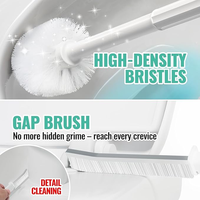 2PACK 4 in 1 Toilet Brush and Plunger Set with Crevice Cleaning Brush, Toilet Plunger and Brush Set with Extra Long Handle, Plungers for Bathroom Accessories, Toilet Plunger with Holder, White