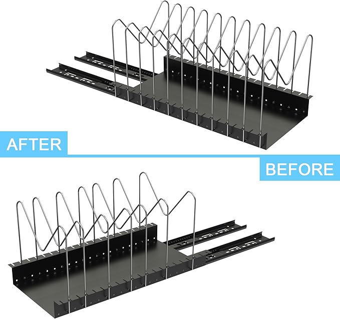 Golener 4 Adjustable Dividers Pull Out Pots and Pans Organizers - Optional Dividers Sliding Pot Lid Holder in Kitchen and Slide Out Cabinet Storage of Lids, Bakewares and Pots