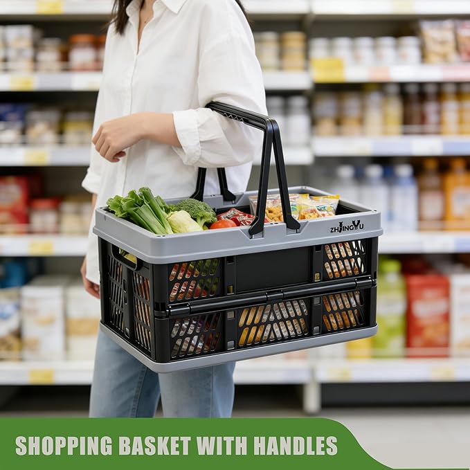 Plastic Baskets with handles,2-pack Black Collapsible crates for storage,14.96"x9.84"x7.87" foldable shopping basket ,foldable crate with Handles for car Classroom Kitchen Bathroom Medicine Milk