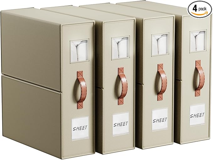 EE-RoomWorld 4 Pack Bed Sheet Storage Organizers- Premium Fabric Closet Organizer with Clear View Window, Space-Saving Foldable Design for Queen/King Size Bedsheets, Blankets & Duvet Covers