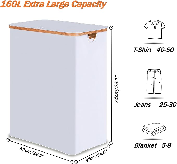efluky Laundry Hamper with Lid, Double Laundry Hamper with 2 Removable Bags, 2 Section Laundry Basket with Bamboo Handles for Bathroom, Bedroom & Laundry Room (White, 160L Trio)