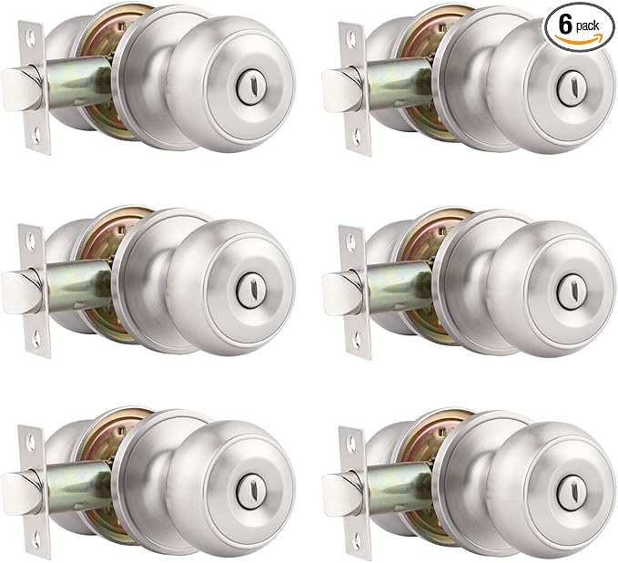 Probrico 6 Pack Round Privacy Door Knob(Thumb Turn Lock on The Inside), Keyless Doorknobs Interior/Exterior Lockset,Privacy Knobs for Bedroom/Bathroom,Satin Nickel Modern Design Door Hardware