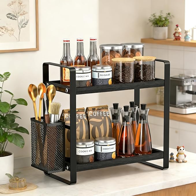 2-Tier Kitchen Storage and Organisation Rack with Side Baskets, Multifunctional Spice Rack Coffee Station Organizer for Kitchen, Coffee Bar, Bathroom, Office