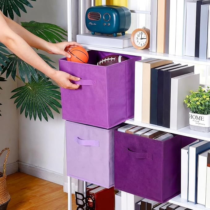 Karenhi 11" x 10.5" x 10.5" Purple Storage Cube, 6 Pack Fabric Cube Storage Bins Organizer Box, Collapsible Baskets with Handles Foldable Shelf for Cloth Toys Home Room Closet, Pack of 6