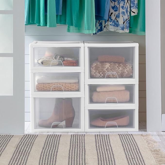 Sterilite 12-Pack 27 Quart Stacking Drawer, Clear Storage Closet Organizer, White Frame - Stackable Modular Plastic Drawers for Clothes, Accessories, Craft Supplies, Shoes or Linens