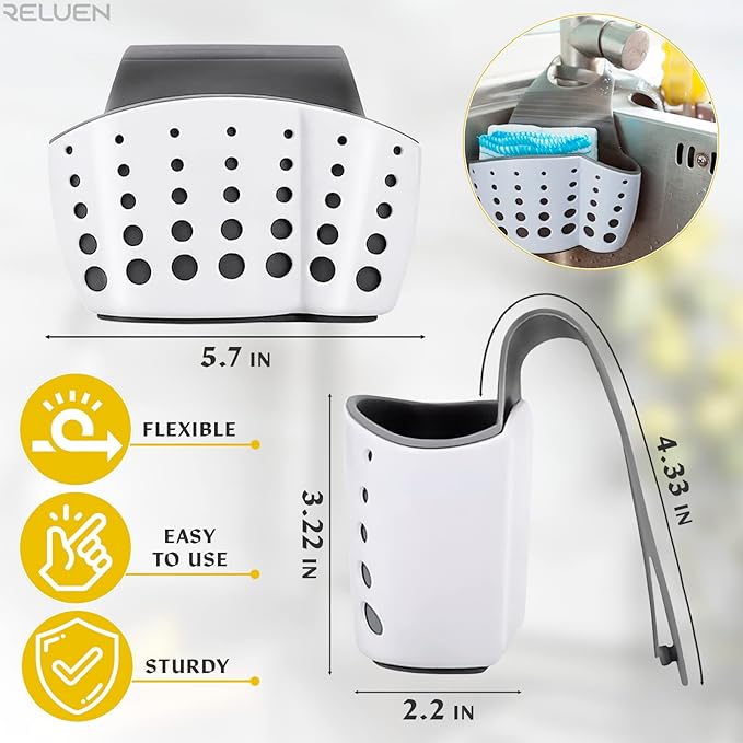 Reluen Silicone Sponge Holder For Kitchen Sink - Over The Faucet Sink Sponge Holder Hanging, 5.7 x 3.22 x 2.2 Convenient Size - Adjustable Silicone Holders With Strap, Easy to Use and Clean