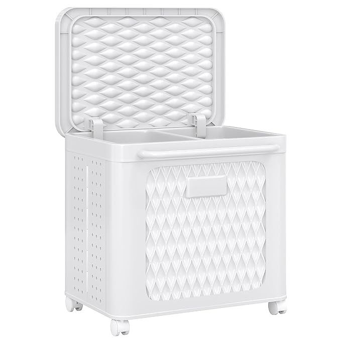 VECELO Rolling Laundry Hamper with Wheels and Lid, Foldable Plastic Laundry Basket with Handle, Rolling Divided Laundry Cart for Small Spaces, Laundry, Bathroom, Bedroom, White