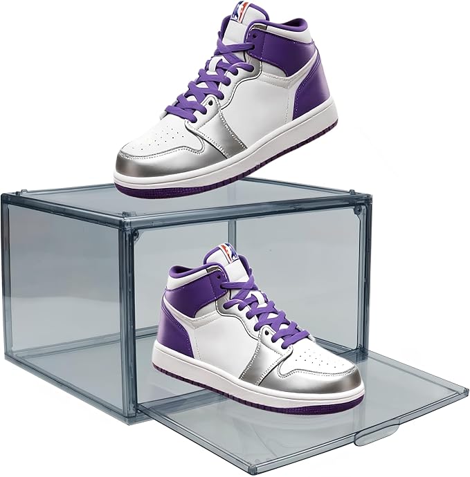 Acrylic Shoe Organizer，Sneaker Acrylic Display Case Size 13 for Men/Women Shoe Box Clear Box Stackable Storage Bins with Magnetic Door，Grey 1 Pack