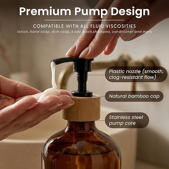 MaisoNovo Glass Hand Soap Dispenser | Dish Soap Dispenser for Kitchen | 16.9oz Amber Bottles with Black Bamboo Pump | Bathroom Lotion Dispenser