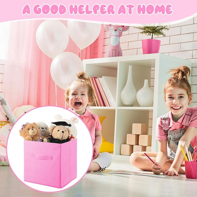 Yinder 12 Pcs Cube Storage Bin Pink 11'' Storage Bins for Playroom Decor Colorful Bins for Kids Foldable Baskets for Nursery Organizer Boxes Fabric Boxes