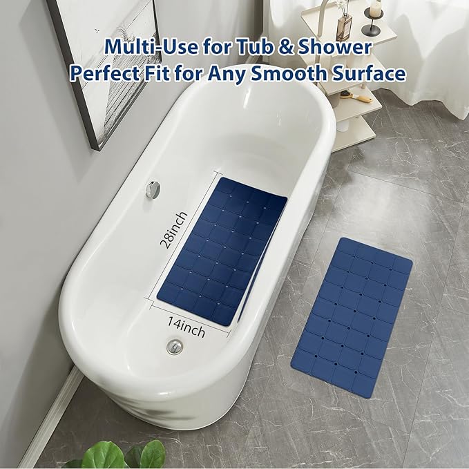 Webos Silicone Bath Mat with Suction Cups – Non-Slip Foldable Bathtub & Shower Mat, Durable & Quick-Dry Safety Tub Mat with Large Drain Holes for Families 28"x 14" Navy Blue