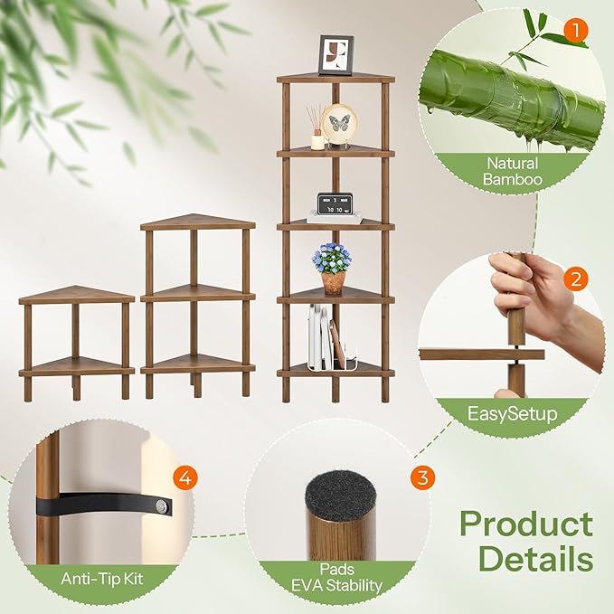 HOOBRO Corner Shelf Stand, 5-Tier Bamboo Corner Bookshelf, Plant Display Shelf, Corner Bookcase, Multipurpose Shelving Unit for Small Space, Living Room, Easy Assembly, Mocha MA20CJ01