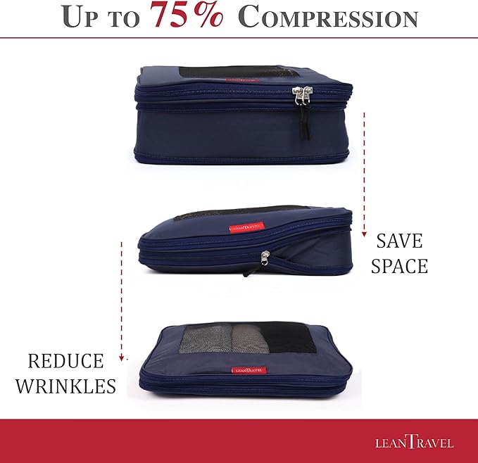 LeanTravel Compression Packing Cubes for Travel Organizers with Double Zipper 4 pack - Navy Color