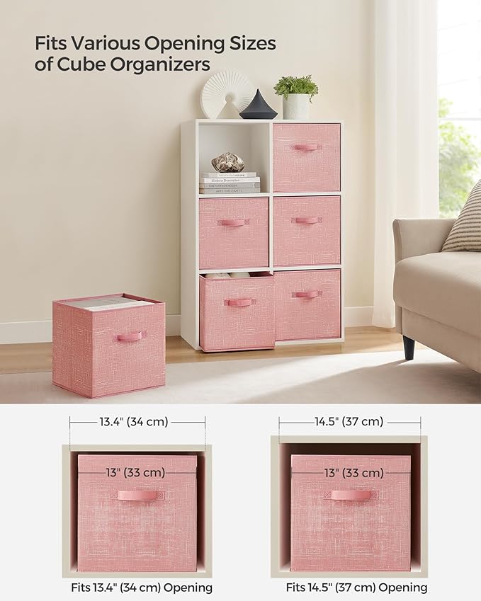 SONGMICS Storage Cubes, 13-Inch Non-Woven Fabric Bins with Double Handles, Set of 6, Closet Organizers for Shelves, Foldable, for Clothes, Jelly Pink UROB033R01