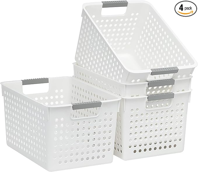 Soddeph 4 Pack Plastic Deep Storage Basket with Handles, Cubbies Organizer Bins with Hollow Design for Under Counter, Closet, Kitchen or Bathroom 12.3" × 8.7" × 6.9"(White, Medium)