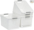 Soddeph 4 Pack Plastic Deep Storage Basket with Handles, Cubbies Organizer Bins with Hollow Design for Under Counter, Closet, Kitchen or Bathroom 12.3" × 8.7" × 6.9"(White, Medium)