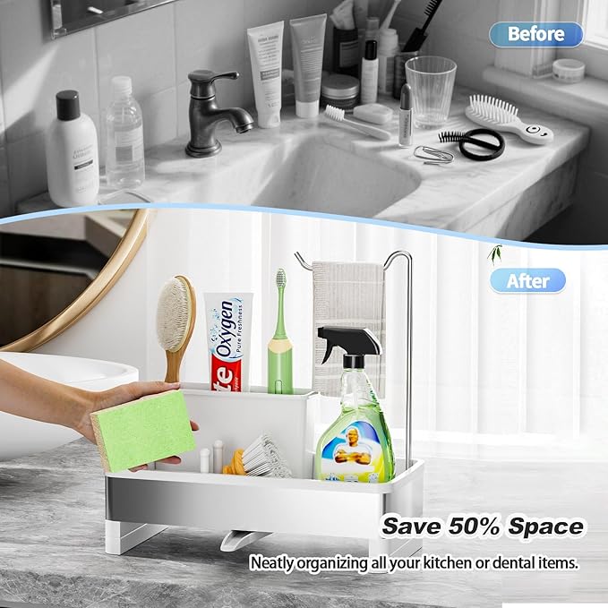 Ewaiira Stainless Steel Sink Caddy, Sponge Holder for Kitchen Sink with Brush Holder & Dishcloth Rack, Rustproof Sink Organizer Countertop, Kitchen Organizers Storage Essentials (E-White)