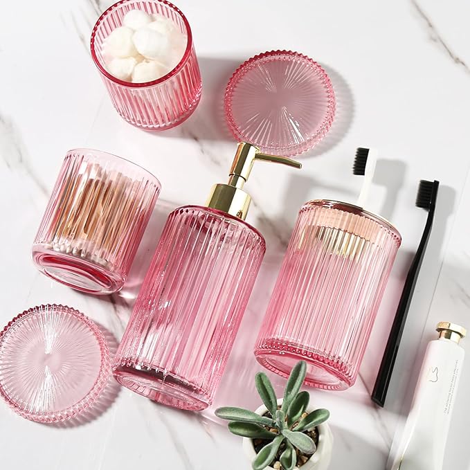 Pink Bathroom Accessories Set, Pink Bathroom Decor Accessory Sets Complete, 4 Pack Ribbed Grils Soap Dispenser and Toothbrush Holder Set with 2 Qtip Holders, Girly Bath Counter Essentials