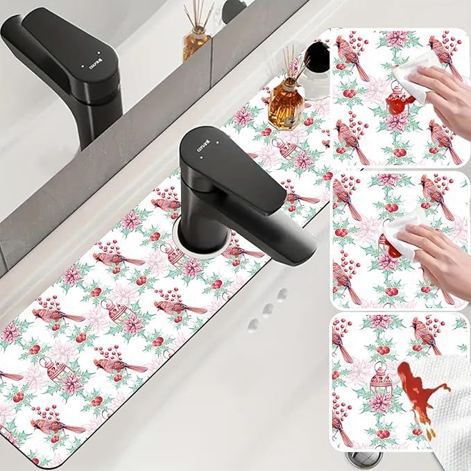 Chrismas Sink Splash Guard Faucet Mat Cute Christmas Absorbent Fast Drying Mat Sink Gadgets Splash Guard Behind Faucet Drip Catcher for Kitchen Bathroom 23.5"X5.5"