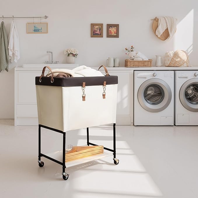 StorageWorks Laundry Cart, 2 Tier Rolling Laundry Basket, Heavy Duty Laundry Basket with Lockable Wheels, Laundry Room Organization and Storage, Clothes Hamper for Bedroom, Dorm, Closet, 29Gal, Beige