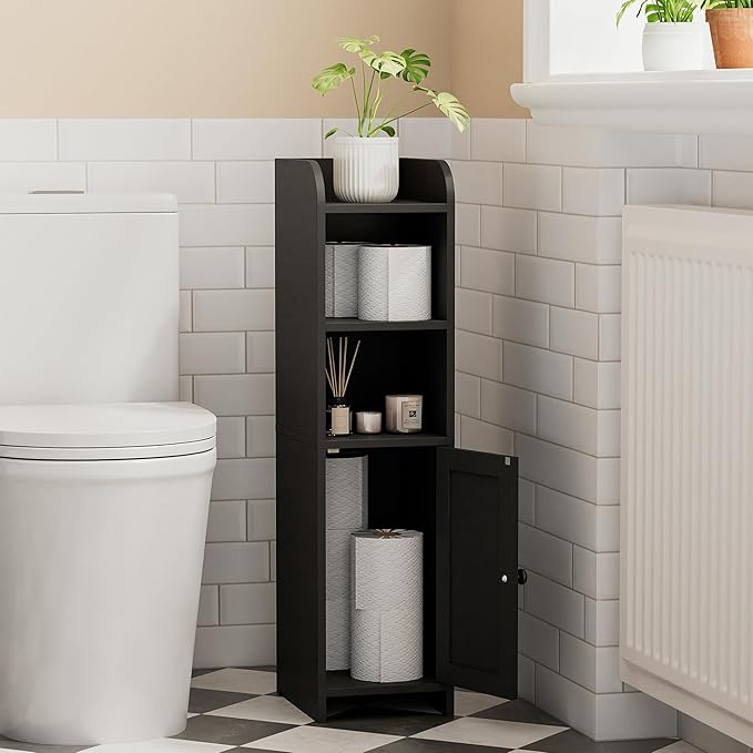 Homhedy Small Bathroom Storage Corner Floor Cabinet with Door and Shelves, Beside The Toilet Paper Stand for Skinny, Narrow Toilet Paper Cabinet, 9.8" D x 7.9" W x 31" H, Black