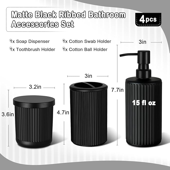 Matte Black Bathroom Accessories Set, 4 Pcs Glass Bathroom Accessory Set, Soap Dispenser, Toothbrush Holder, Qtip Holder Set, Bathroom Sets Complete, Bathroom Sink Set for Modern Home Decor