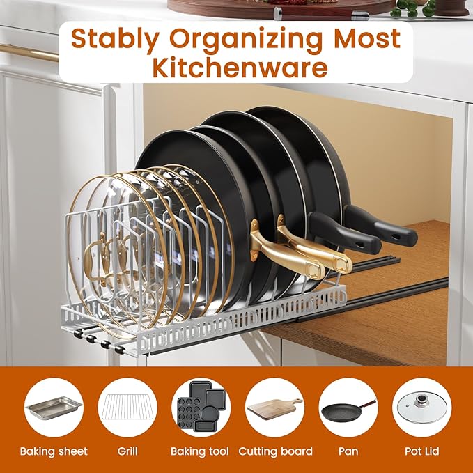 Housolution 1 Pack Pull out Pot Lid Organizer for Under Cabinet, Slide Out Pot and Pan Organizer with 10 Adjustable Dividers, Sliding Pan Holder Storage Rack inside Cabinet, White
